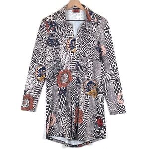 VTG ISLE by Melis Kazan Tunic Knit Shift Dress Sz S Black Geometric Floral